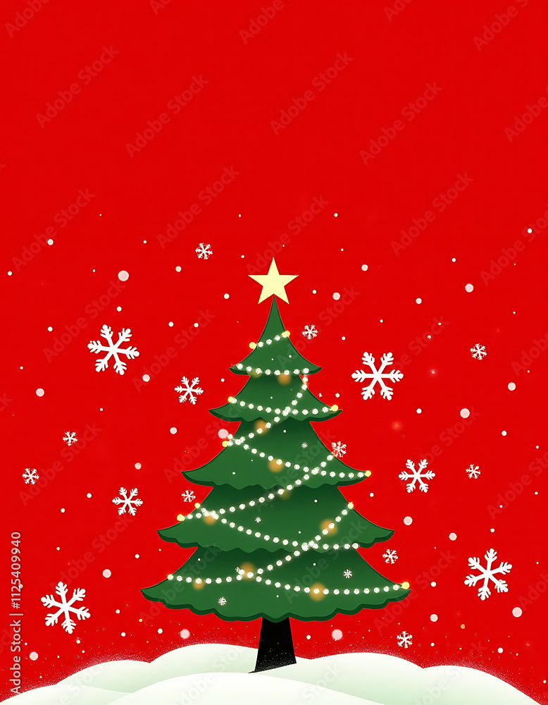 A festive holiday greeting featuring a Christmas tree, snowflakes, and red background for a joyful Christmas atmosphere overall._00001_ A festive holiday greeting featuring a Christmas tree, snowflakes, and red background for a joyful Christmas atmosphere overall._00001_