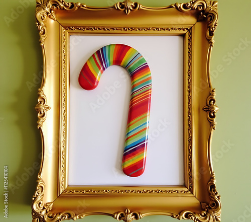 A festive Christmas decoration featuring a colorful striped candy cane shape within an ornate gold picture frame is created._00001_ photo