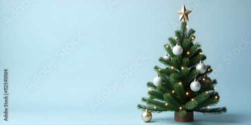 Minimalist Christmas Tree with Ornaments and Lights on Background