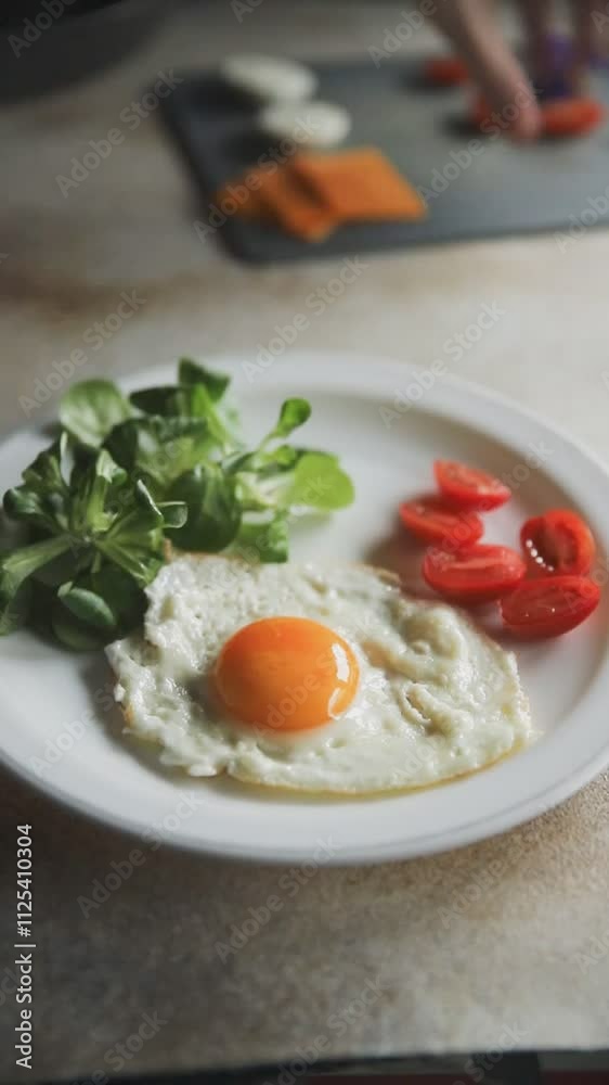 Fried egg yolk and protein, tomato, cheese quick breakfast fresh tasty food dish gourmet food background on the table rustic food top view copy space Fried egg yolk and protein, tomato, cheese quick breakfast fresh tasty food dish gourmet food background on the table rustic food top view copy space