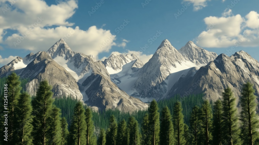 Mountain range with snow on the peaks and trees in the foreground Mountain range with snow on the peaks and trees in the foreground