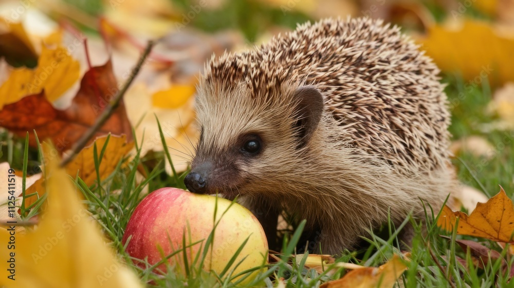 Hedgehog on the grass surrounded by autumn leaves. A hedgehog is gnawing on a red and yellow apple lying in the grass. Hedgehog on the grass surrounded by autumn leaves. A hedgehog is gnawing on a red and yellow apple lying in the grass.