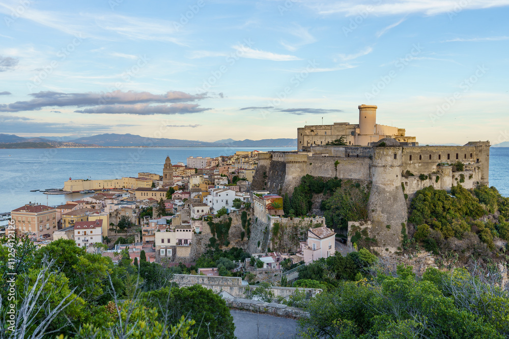 Beautiful view of the medieval city of Gaeta with its fortress on a rock above the Mediterranean Sea Beautiful view of the medieval city of Gaeta with its fortress on a rock above the Mediterranean Sea