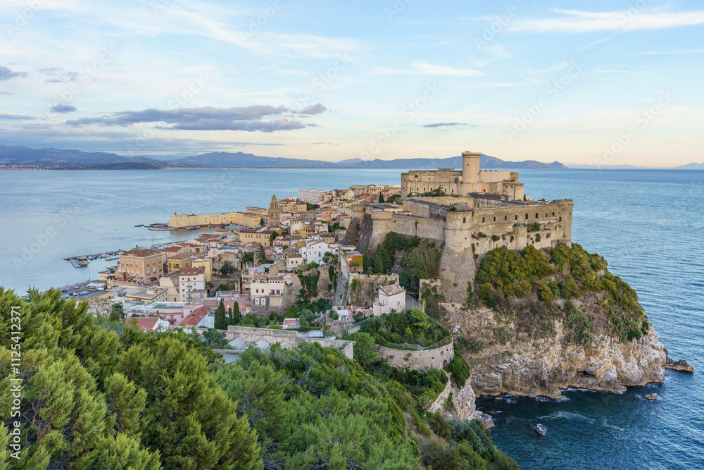 Beautiful view of the medieval city of Gaeta with its fortress on a rock above the Mediterranean Sea Beautiful view of the medieval city of Gaeta with its fortress on a rock above the Mediterranean Sea