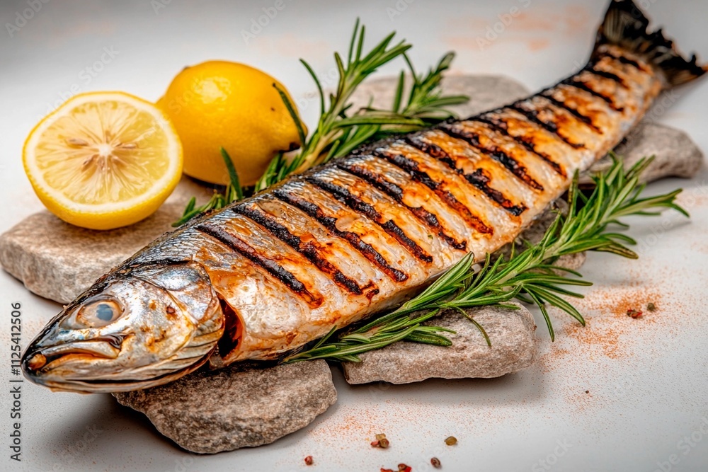 Grilled fish garnished with fresh herbs and lemon at a rustic dining setup Grilled fish garnished with fresh herbs and lemon at a rustic dining setup