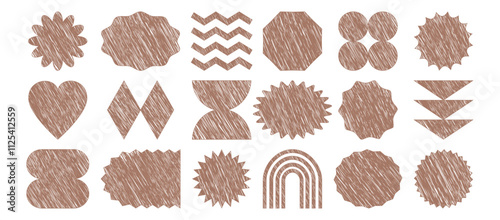 Scribble geometric shape figure mocha mousse color, retro badge hand drawn, graphic groovy form paint, y2k element isolated on white background. Trendy colour 2025 year. Simple vector illustration