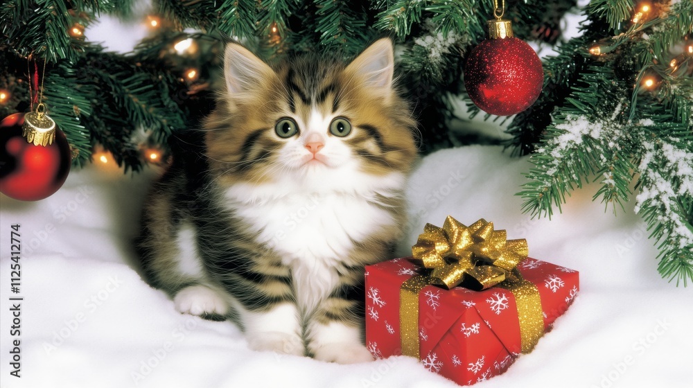 Cat is sitting under a Christmas tree Cat is sitting under a Christmas tree