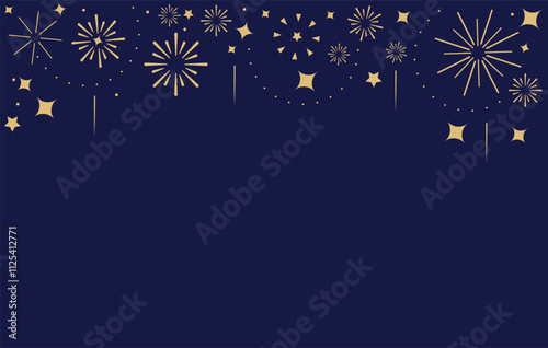 Golden firework and stars on the dark blue background. New Year, festival, holidays concept. Vector illustration.	