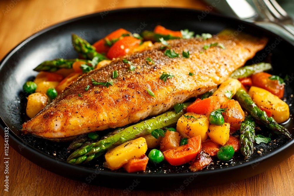 Delightful dish of seasoned fish with vibrant vegetables served in a rustic setting Delightful dish of seasoned fish with vibrant vegetables served in a rustic setting