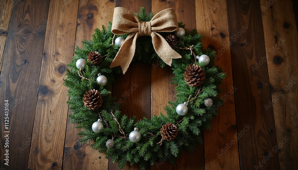 Close-up of a Christmas wreath decorated with silver ornaments, pinecones and a burlap bow on a wooden background Close-up of a Christmas wreath decorated with silver ornaments, pinecones and a burlap bow on a wooden background
