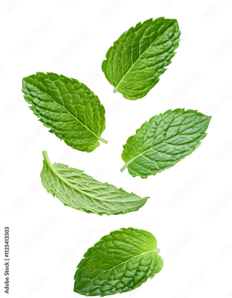 Beautiful green mint leaves falling against a clear background, ideal for food and drink designs