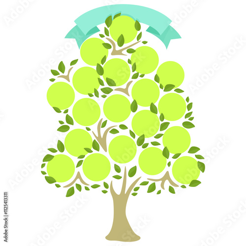 Green genealogical family tree with leaves and cells for writing names of family members