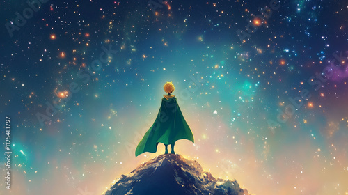 Little prince gazing at a starry sky from a mountain peak  