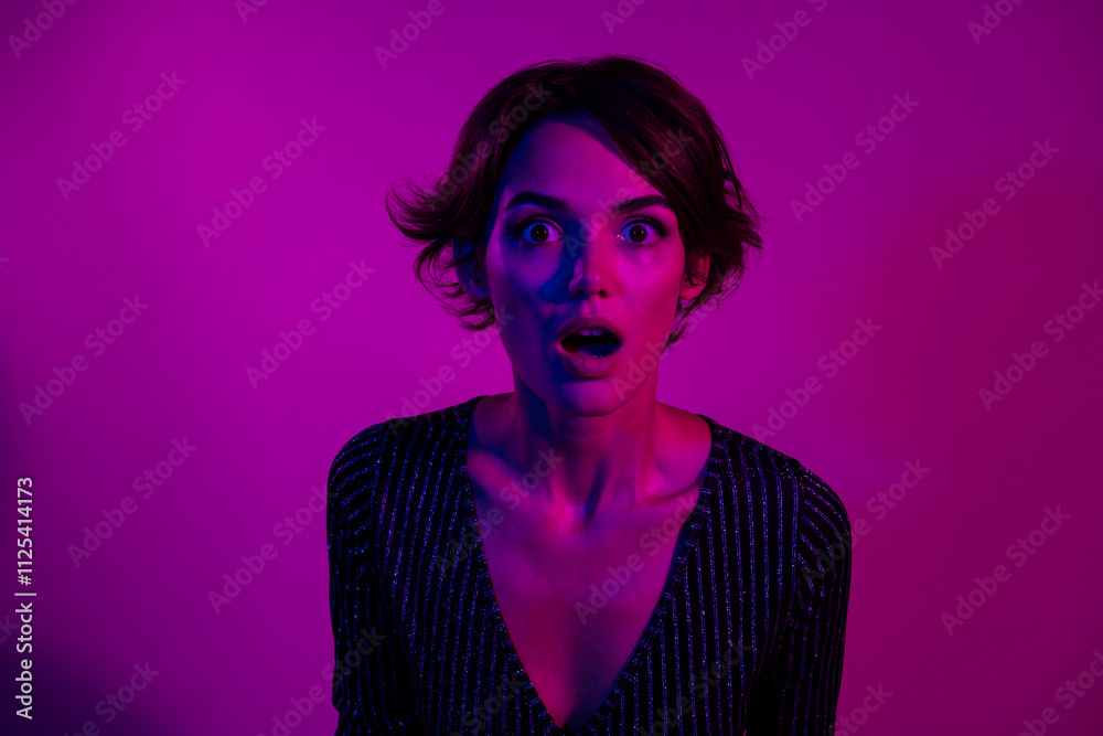 Photo portrait of lovely young lady terrified open mouth dressed stylish overall garment isolated on neon light pink color background