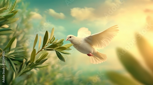 A serene white dove gracefully flies near olive branches under a warm, golden sunlight, AI photo