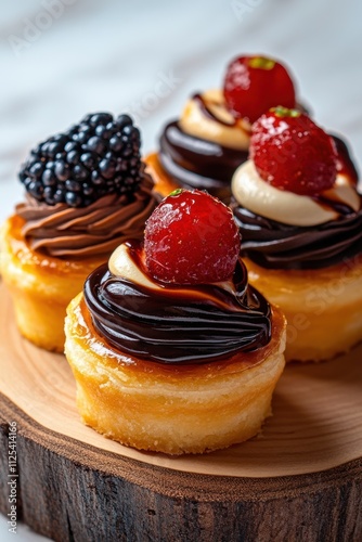 dessert presentation, artistic mini tarts elegantly arranged on a wooden table with intricate details, leaving room for your thoughts or captions