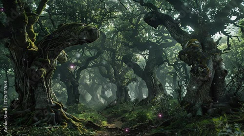 Mysterious dark forest with twisted swirling trees in eerie atmosphere  
Seamless looping 4k time-lapse virtual video animation Generated AI