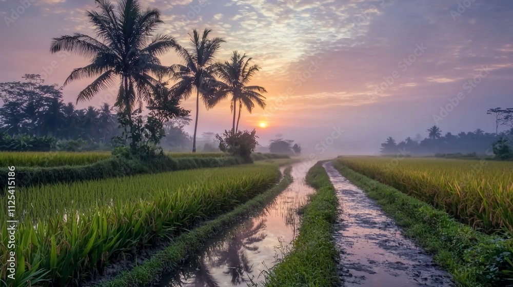 Obraz premium Sunrise over misty rice paddy fields with palm trees and irrigation canal.