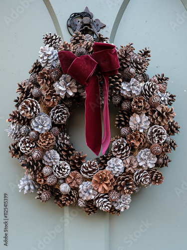 Elegant christmas wreath decorated pine cones on white light grey wooden door. Christmas mood. Beautiful vintage door. Christmas mood: festive christmasy themed winter natural wreath on a grey wooden 