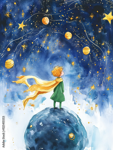 Magical boy observing stars and planets in a dreamy night sky  