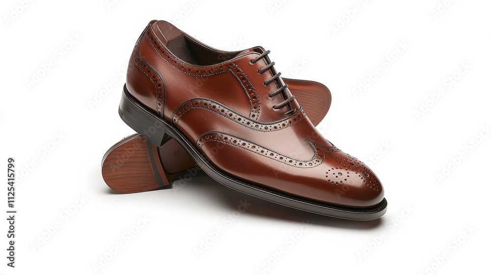A polished brown dress shoe with intricate brogue detailing. A polished brown dress shoe with intricate brogue detailing.