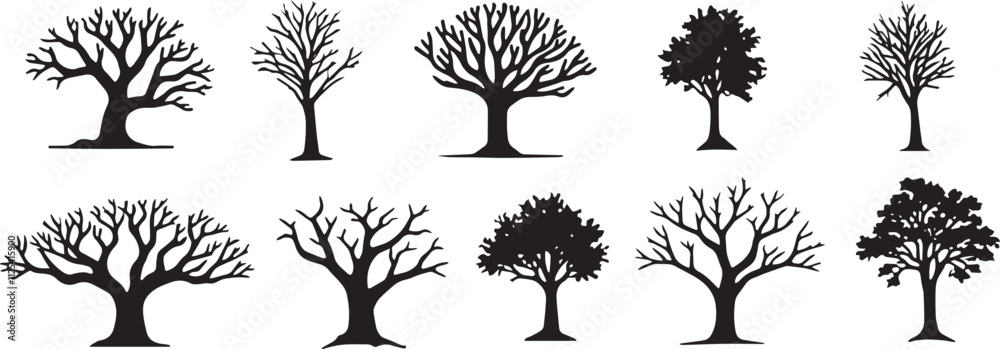 Silhouette simple  vector of a Row of Tall Trees set