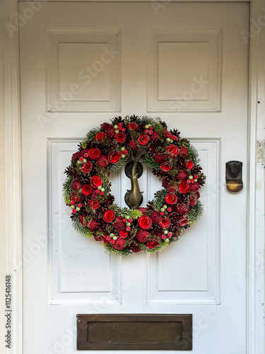 Elegant christmas wreath decorated pine cones, red flowers and fir trees on white light white wooden door. Christmas mood. Beautiful vintage door. Christmas mood: festive christmasy themed winter natu