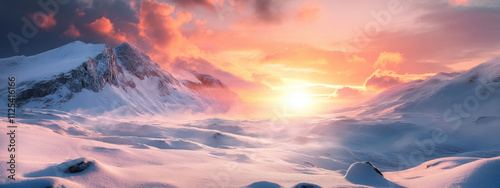 Breathtaking sunset illuminates snow-covered mountain range, casting vibrant hues over the serene winter landscape with dramatic clouds enhancing the majestic scene.