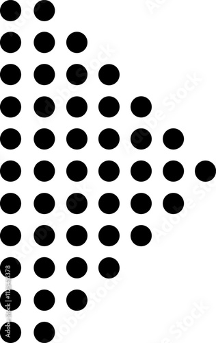Black dots of varying sizes creating an arrow shape, pointing right against a clean white background. This modern design symbolizes direction, progress, and movement