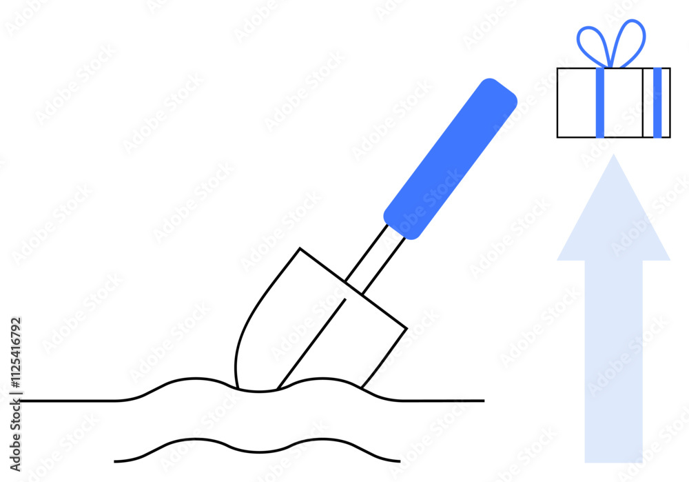 Gardening trowel digging into soil implying hard work, gift box and upward arrow symbolizing success and reward. Ideal for themes on gardening, motivation, success, effort, reward, goals Gardening trowel digging into soil implying hard work, gift box and upward arrow symbolizing success and reward. Ideal for themes on gardening, motivation, success, effort, reward, goals