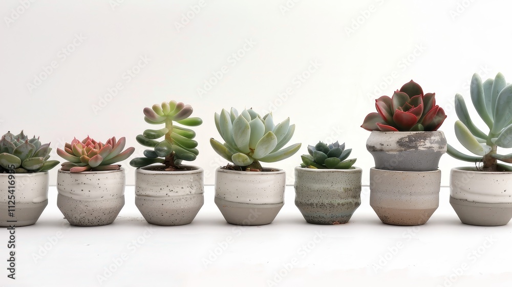 Fototapeta premium A row of diverse succulent plants in modern ceramic pots, showcasing natural beauty and decor potential.