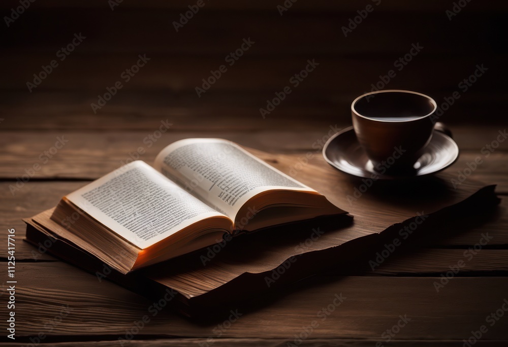 Naklejka premium visual contrast empty coffee cup halved soft cover book pages slightly ajar wooden surface, mug, espresso, latte, drink, beverage, table, morning