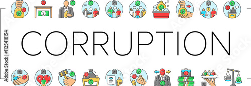 corruption money business cash icons set vector. bribery hand, deal payment, anti, pay crime, businessman bribe, give illegal finance corruption money business cash color line illustrations