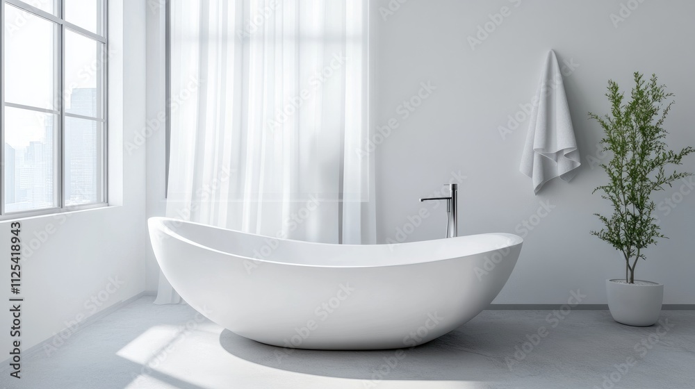 Modern white bathtub in minimalist bathroom with large window, sheer curtains, towel, and plant.