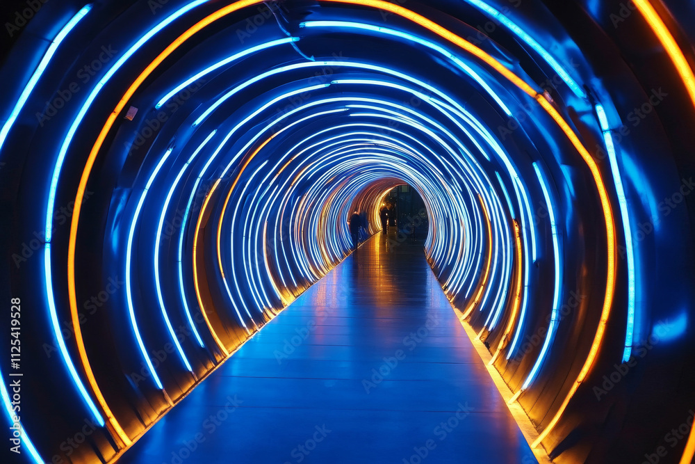 Naklejka premium A futuristic tunnel filled with bold, swirling neon lights in hues of blue and gold, creating a hypnotic, energetic design.