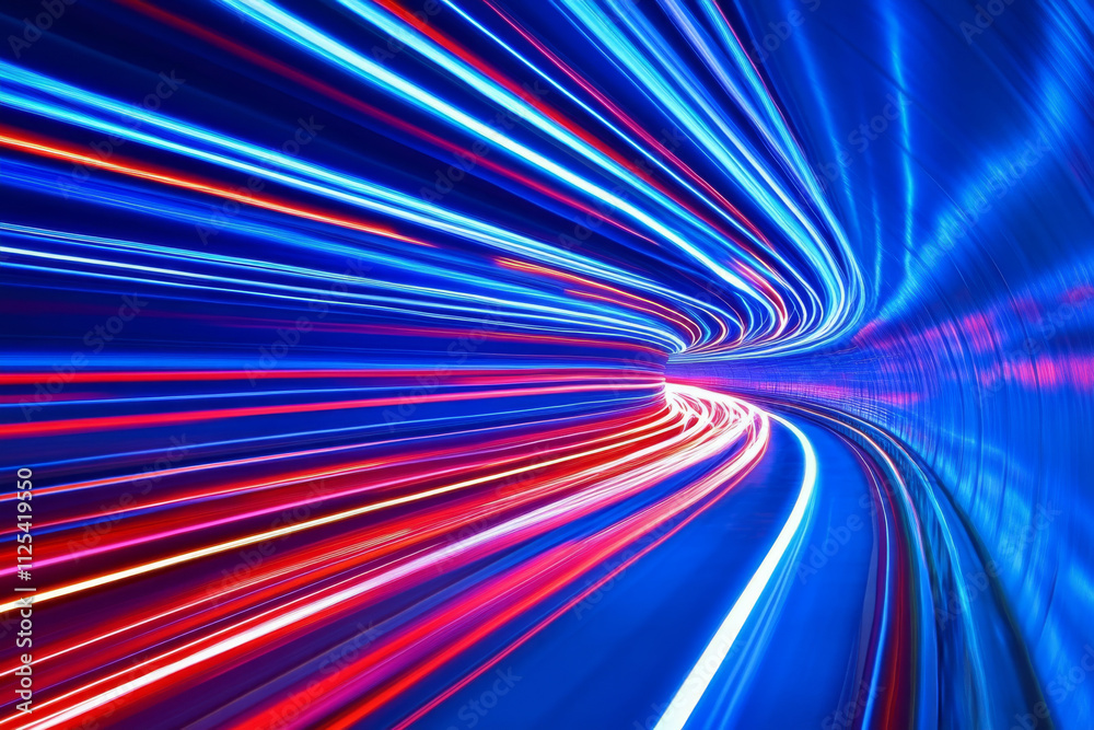 A high-tech neon tunnel with blue and red glowing lines crossing over each other, creating a fast-moving, abstract environment. A high-tech neon tunnel with blue and red glowing lines crossing over each other, creating a fast-moving, abstract environment.