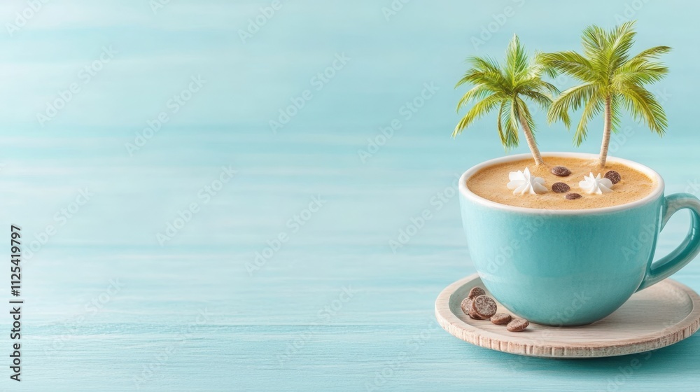 A creative coffee cup design resembling a tropical island with palm trees and foam waves, AI A creative coffee cup design resembling a tropical island with palm trees and foam waves, AI