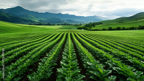 Fertile fields with alternating patterns of crops, vibrant greenery