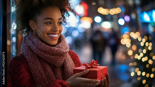 Happy woman holding a Christmas gift at night.