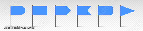 Blue flag vector set. Map marks for gps point. Winner and trophy sign. 3d icons collection