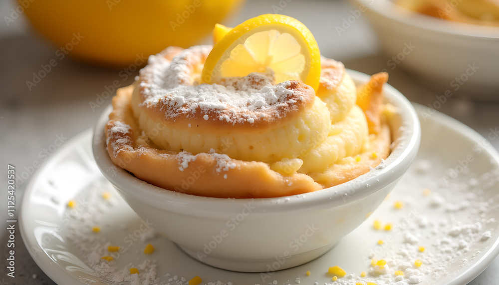 Lemon soufflé dessert topped with powdered sugar Lemon soufflé dessert topped with powdered sugar