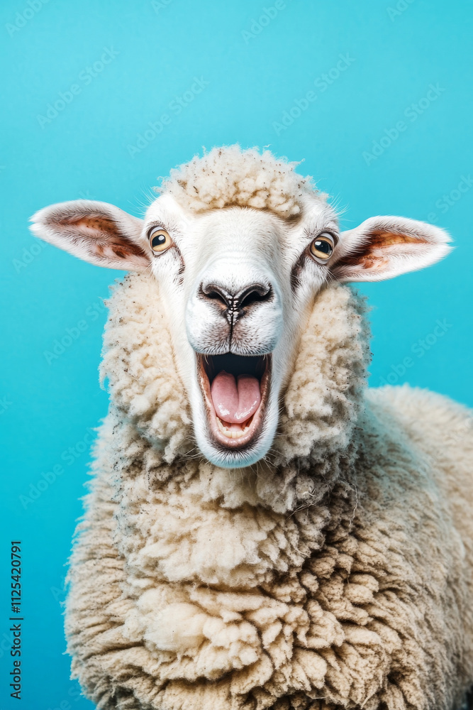 Fototapeta premium Surprised and angry sheep isolated on a blue background, eyes wide and wool fluffed up in excitement.