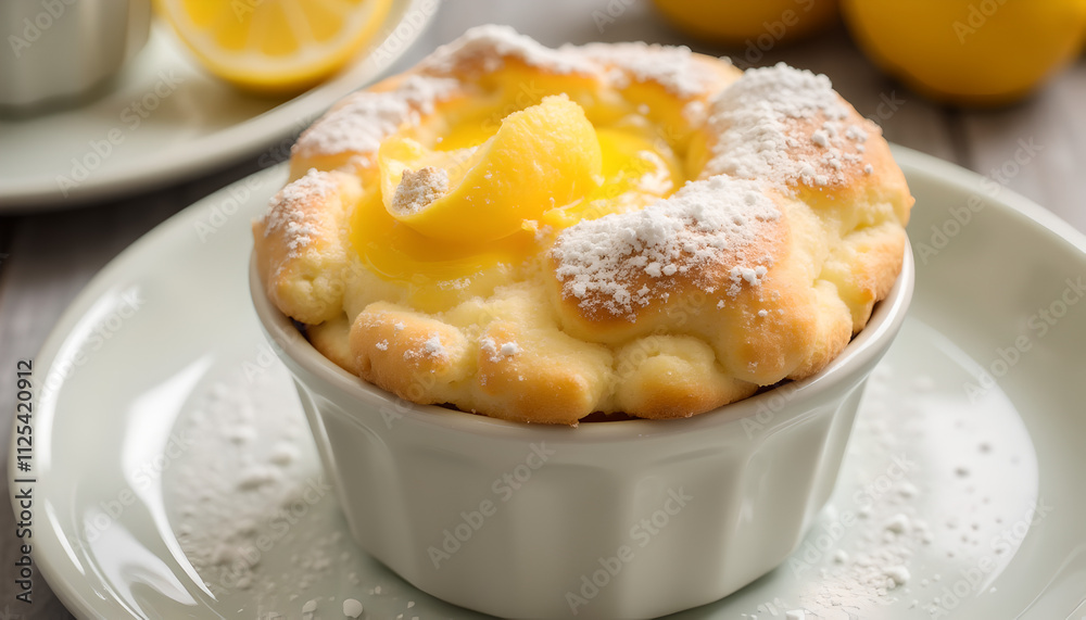 Lemon custard dessert with powdered sugar garnish Lemon custard dessert with powdered sugar garnish