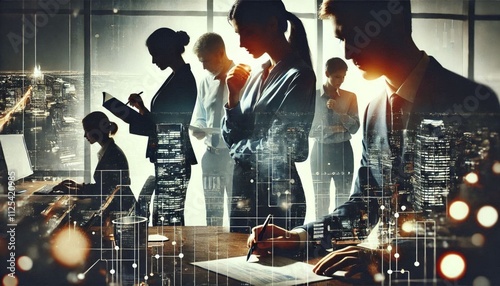 Silhouette of business people work together in office. Concept of teamwork and partnership. double exposure with light effects