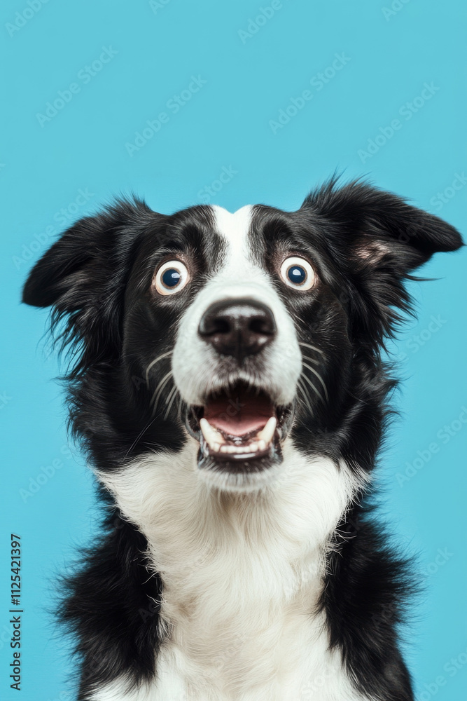Surprised and angry Border Collie isolated on a blue background, with alert eyes and a wagging tail in surprise. Surprised and angry Border Collie isolated on a blue background, with alert eyes and a wagging tail in surprise.