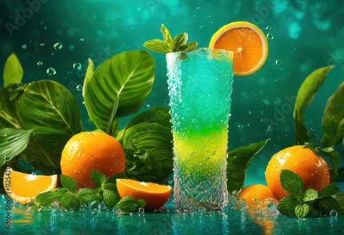 refreshing beverage rising brightly colored background vivid hues eye catching textures, cocktail, drink, liquid, glass, ice, bubbles, fizziness, sparkle photo