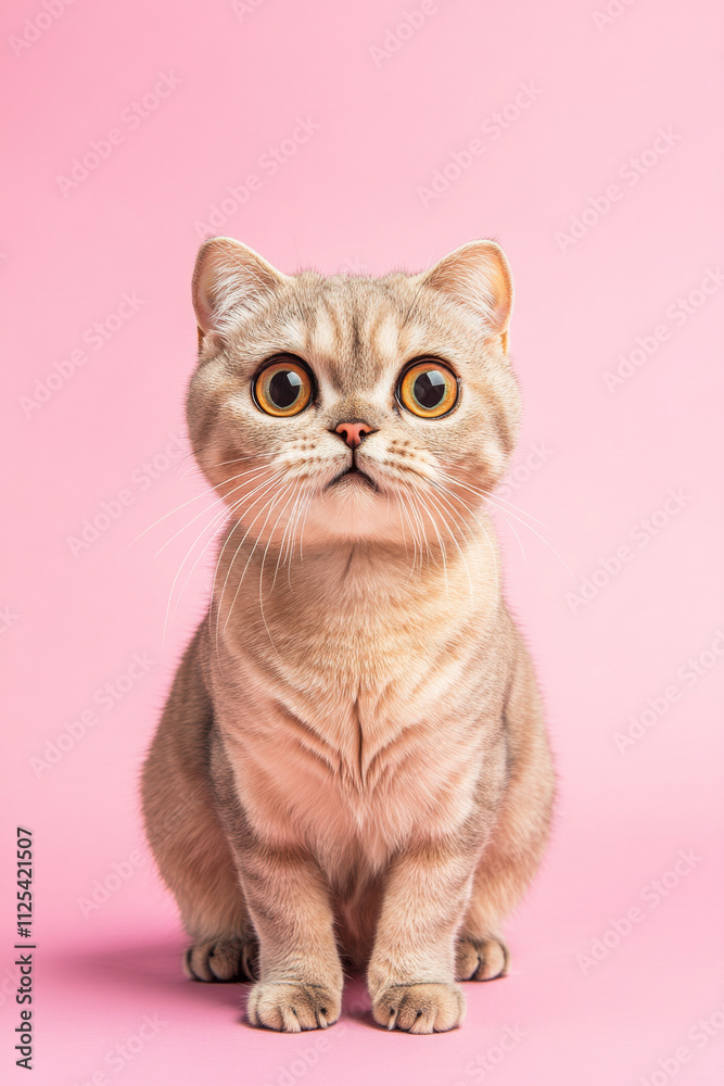 Surprised and angry Scottish Fold cat isolated on a pink background, with its distinctive folded ears and a comically wide-eyed expression.