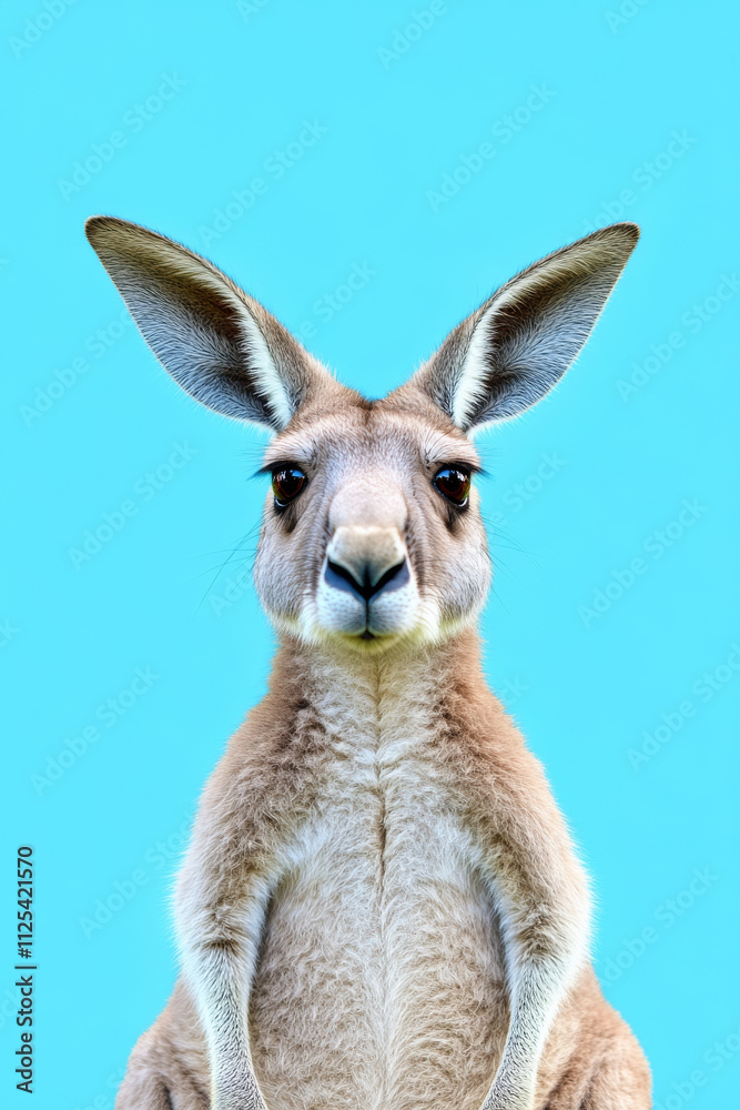 A funny and excited kangaroo isolated on a blue background, with its ears perked and eyes wide open. A funny and excited kangaroo isolated on a blue background, with its ears perked and eyes wide open.