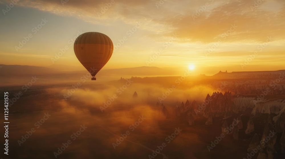 Hot air balloon soaring over misty landscape at sunrise. Hot air balloon soaring over misty landscape at sunrise.
