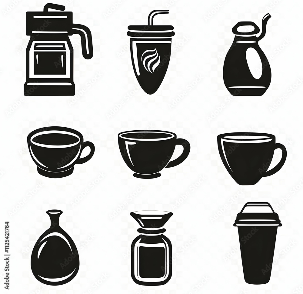 Fototapeta premium Coffee and croissant set of icons including a cup, beans, machine, and water bottle, in black vector style.